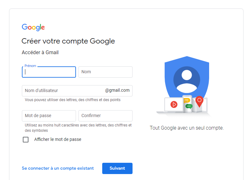Formulaire pour créer votre compte gmail