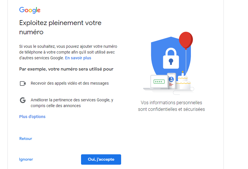 Numéro est facultatif pour créer compte gmail